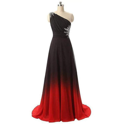 Elegant black and red long evening gown for weddings with a one-shoulder design and sparkling embellishments
