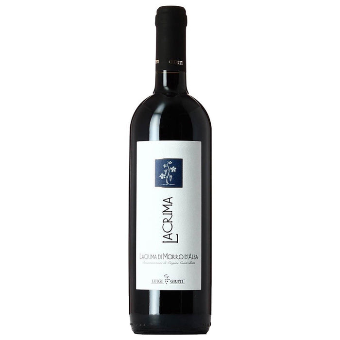 Dark glass red wine bottle with black cap and white label