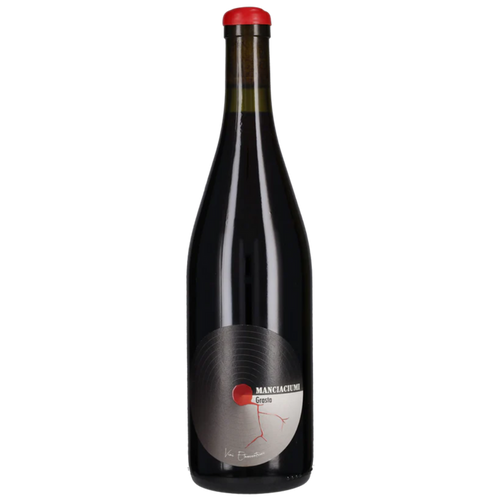 Dark glass red wine bottle with red cap and round label, Manciaciumi Grasta Red 2022