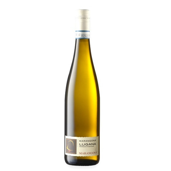 Marangona Lugana Bianco 2024 white wine bottle with gold liquid in glass
