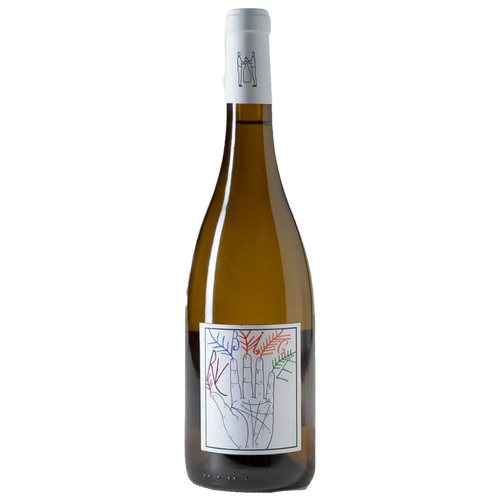 Marco Tinessa wine bottle with white label and colorful line artwork, amber glass.