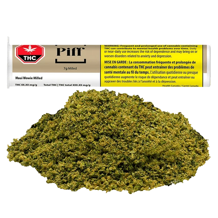 A close-up of Maui Wowie with a red THC label, against a black background with warning text in French.