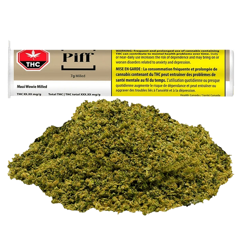 A close-up of Maui Wowie with a red THC label, against a black background with warning text in French.