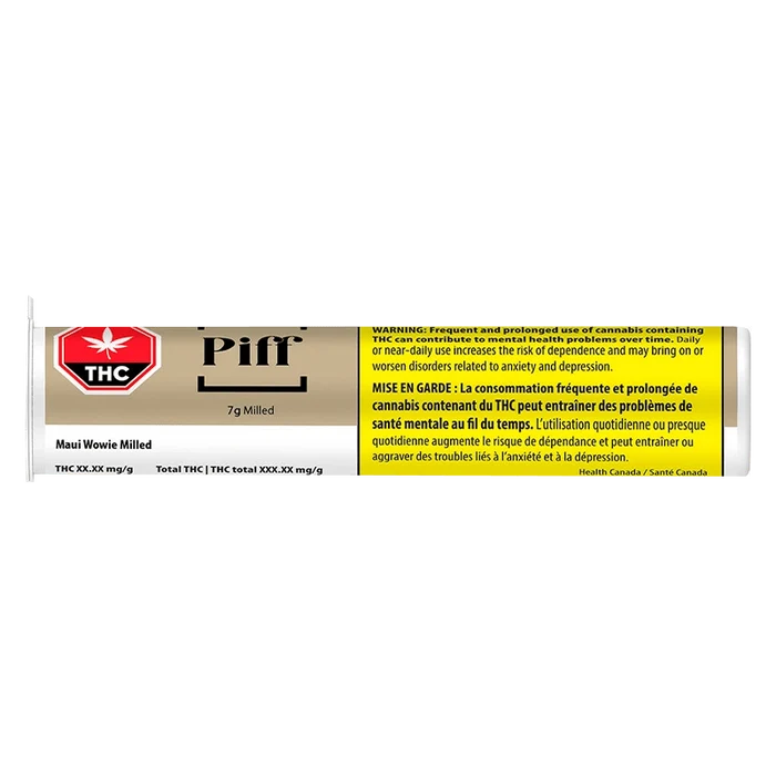 Maui Wowie, a front view of a packaged cannabis product with a warning label about potential risks.