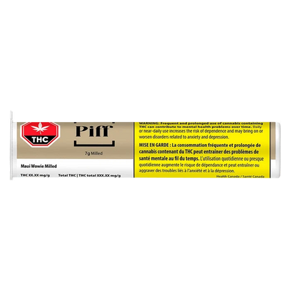 Maui Wowie, a front view of a packaged cannabis product with a warning label about potential risks.