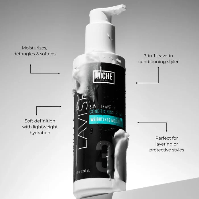 A pump bottle of Miche Leave-In Conditioning Styler with a black label and white pump, shown with white styling foam dripping from it. Text callouts around the bottle describe its moisturizing, detangling, and leave-in benefits.