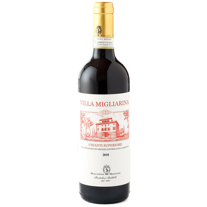 Migliarina Montozzi Chianti Superiore 2018 wine bottle with gold foil cap and red label