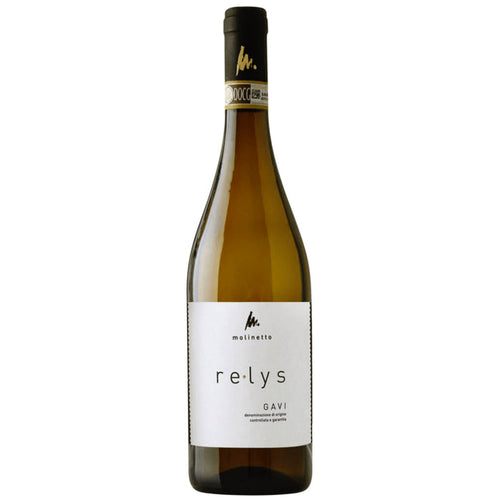 Molinetto ReLys Gavi 2020 white wine bottle with cream label and black cap