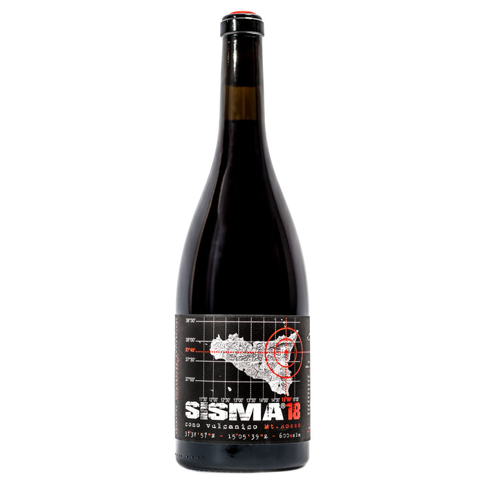 Red wine bottle with black-and-red label reading SISMA 18