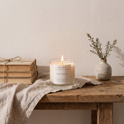 Na Nin Glass Candle - 8oz, styled at home
