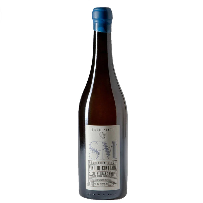 Occhipinti wine bottle, SM Grillo 2023, dark glass with blue cap and label