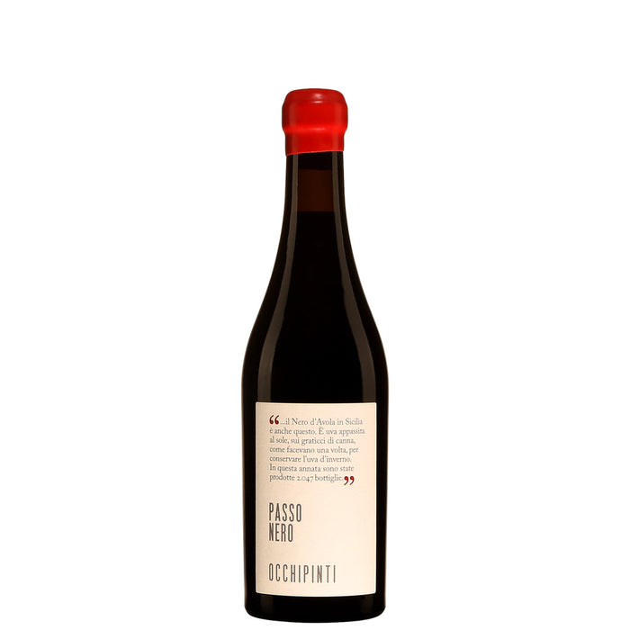 Occhipinti Passonero 2021 wine bottle with red cap and dark label