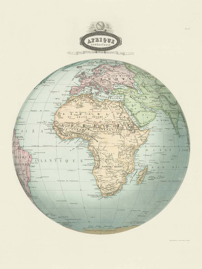 Old Spherical Map of Africa by Garnier, 1860