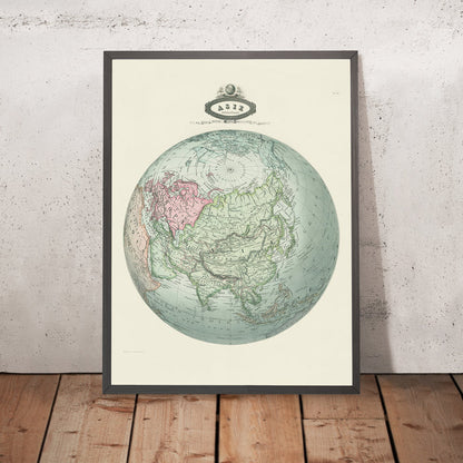 Old Spherical Map of Asia by Garnier, 1860