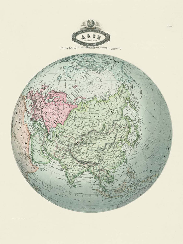 Old Spherical Map of Asia by Garnier, 1860