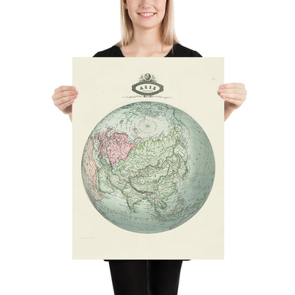 Old Spherical Map of Asia by Garnier, 1860
