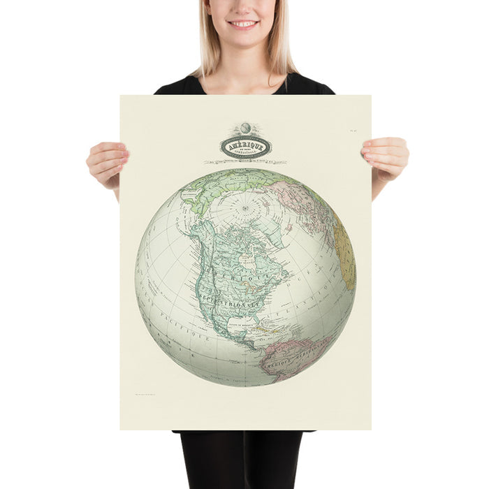 Old Spherical Map of North America by Garnier, 1860