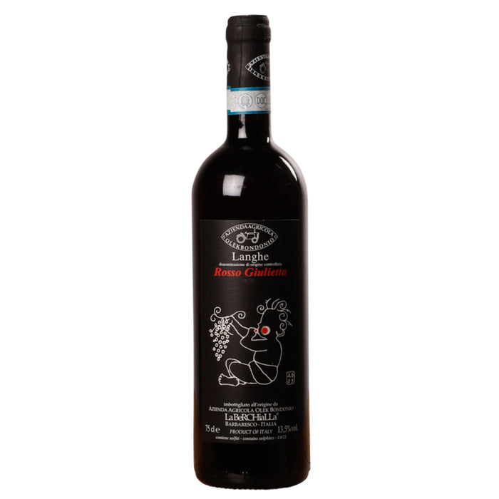 Red wine bottle with black label reading Langhe Rosso Giulietta, 2023.