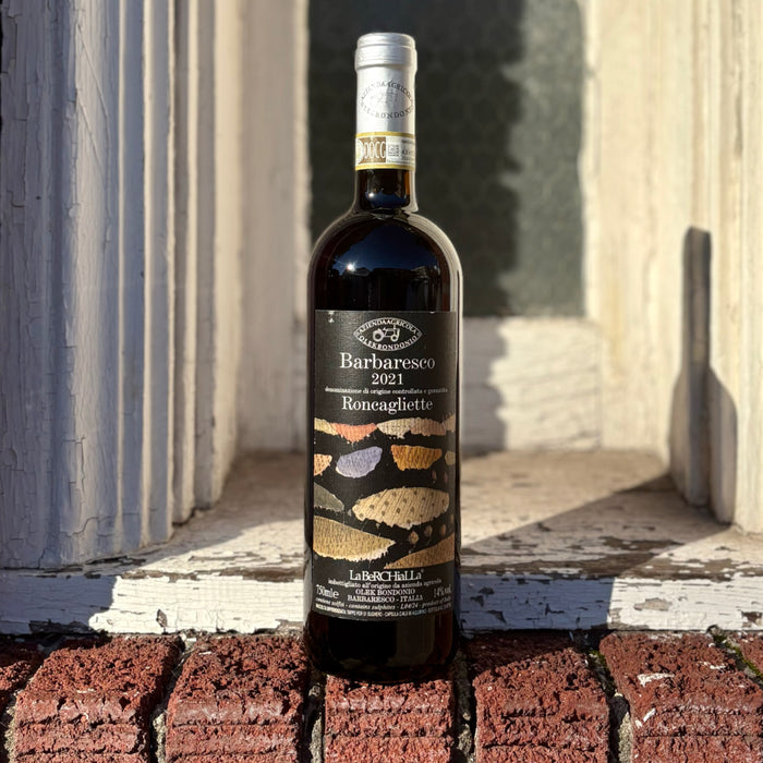 Olek Bondonio Barbaresco 2021 Roncagliette wine bottle, dark glass with label