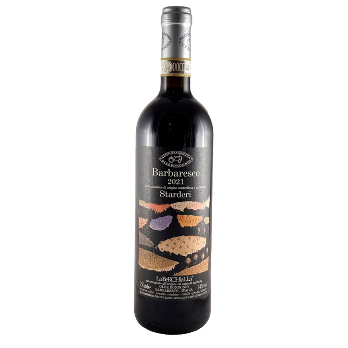 Barbaresco 2021 wine bottle with Starderi front label and illustrated graphics