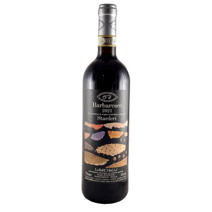 Barbaresco 2021 wine bottle with Starderi front label and illustrated graphics