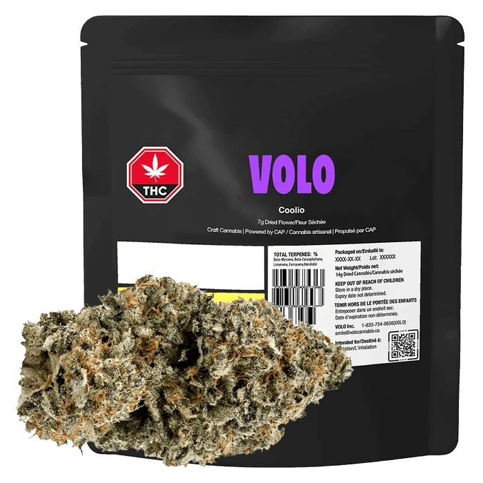 Volo Orange Turp packaging features bold typography and cannabis leaf graphics against a dark backdrop.