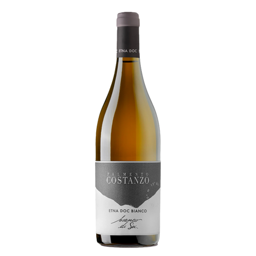 White wine bottle with pale gold liquid and gray label