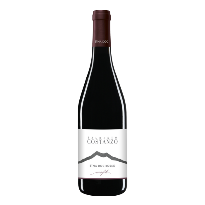 Palmento Costanzo red wine bottle, dark glass with cream label and foil neck