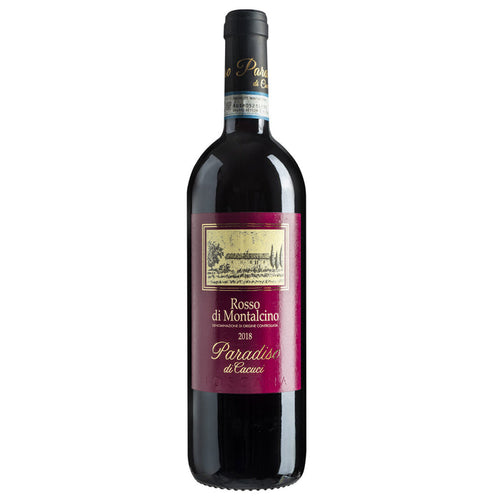 Red wine bottle with dark red label and black foil cap