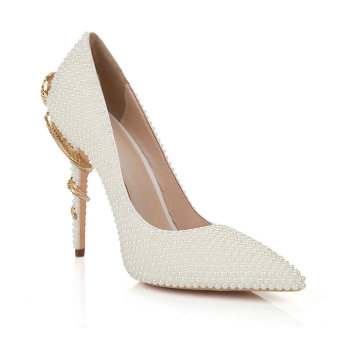 Tucomosi pearl embellished pointed toe pumps in white, perfect for weddings and elegant occasions