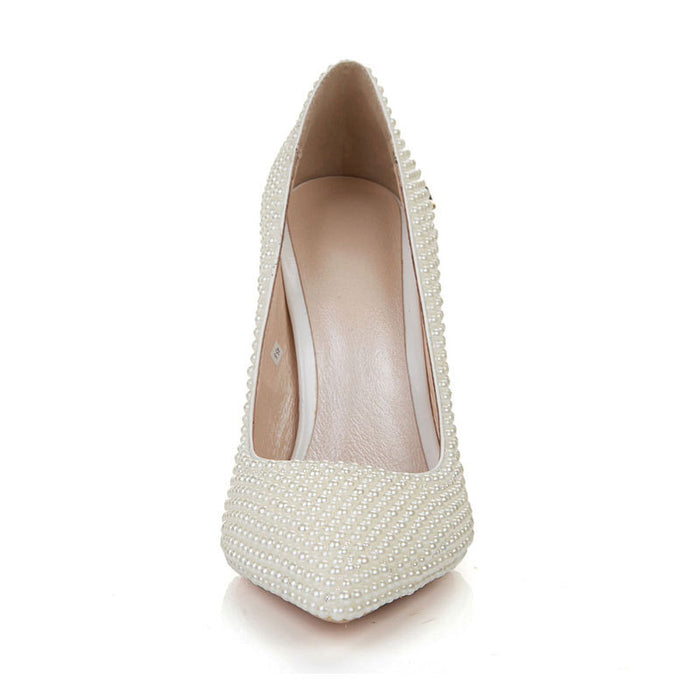 Tucomosi pearl embellished pointed toe pumps in elegant ivory for stylish weddings