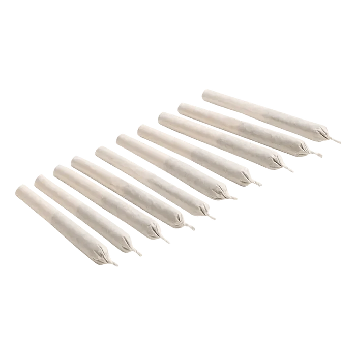 A top-down view of ten Pennywise Pre Rolled 0.35 g pre-rolls, neatly arranged on a plain white background.