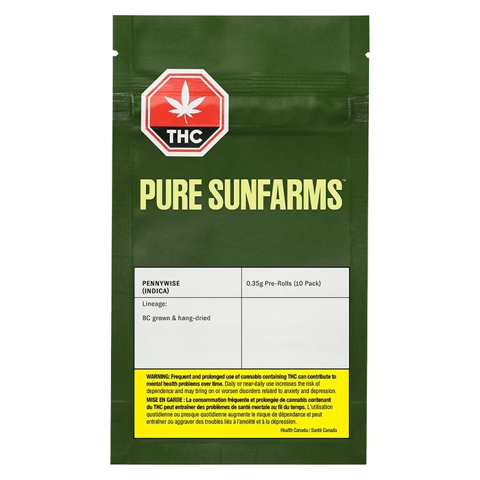 Pennywise Pre Rolled 10 x 0.35 g packaging displayed with warnings about cannabis use, featuring a green logo and bold lettering.