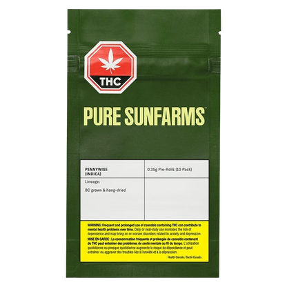 Pennywise Pre Rolled 10 x 0.35 g packaging displayed with warnings about cannabis use, featuring a green logo and bold lettering.