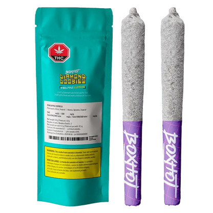 Close-up of the Pineapple Express Infused Pre Rolled 2 x 0.5 g packaging, displaying warnings and cannabis content details on a white label.