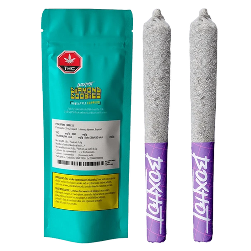 Close-up of the Pineapple Express Infused Pre Rolled 2 x 0.5 g packaging, displaying warnings and cannabis content details on a white label.