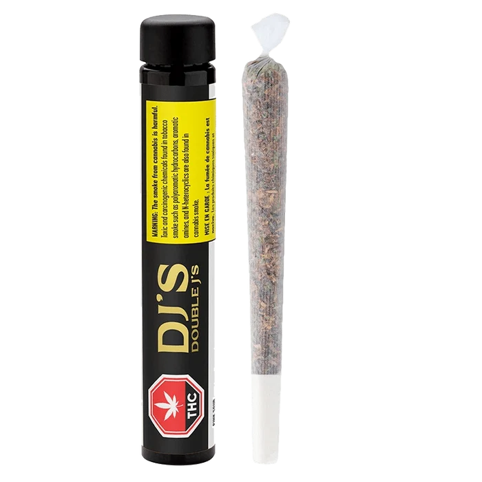 Close-up of the Pink Sour Pre Rolled 2 x 1 g packaging with bold text and a warning label against a dark background.
