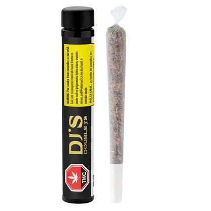 Close-up of the Pink Sour Pre Rolled 2 x 1 g packaging with bold text and a warning label against a dark background.