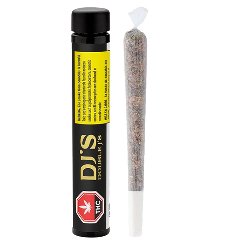 Close-up of the Pink Sour Pre Rolled 2 x 1 g packaging with bold text and a warning label against a dark background.