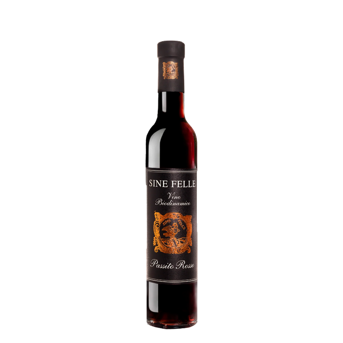 Dark red wine bottle with black cap; 'SINE FELLE' label and gold crest