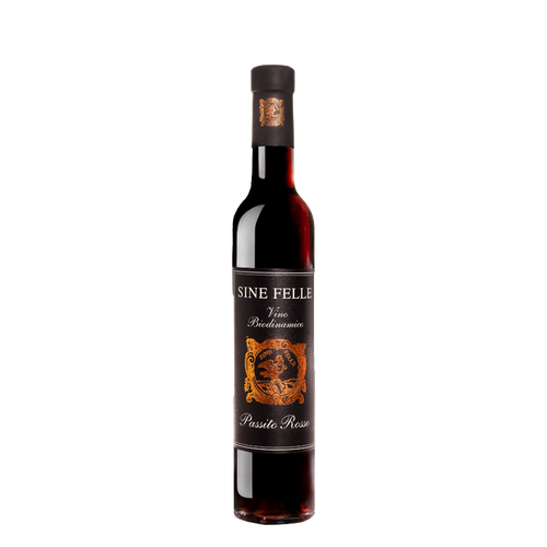 Dark red wine bottle with black cap; 'SINE FELLE' label and gold crest