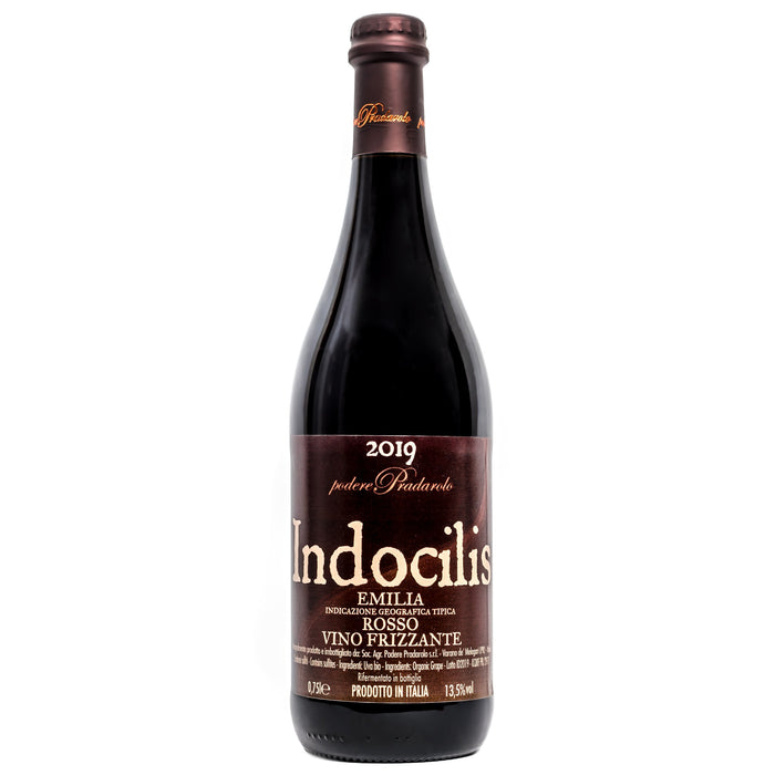 Indocilis rosso frizzante wine bottle, dark glass with 2019 label and red text