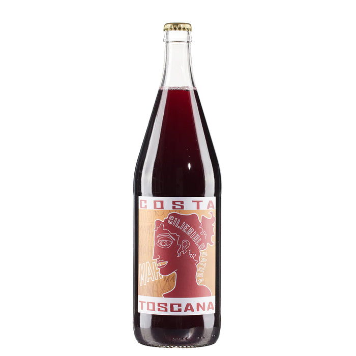 Wine bottle with dark red wine and branded label, gold foil crown cap