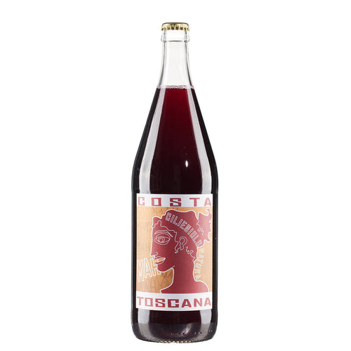 Wine bottle with dark red wine and branded label, gold foil crown cap