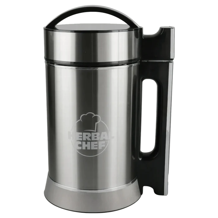 Front view of the Pulsar Herbal Chef Electric Butter Infuser, a silver-toned appliance with a handle and domed lid.