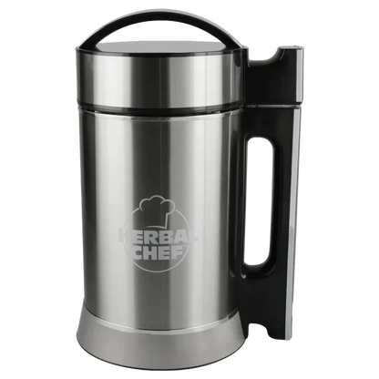 Front view of the Pulsar Herbal Chef Electric Butter Infuser, a silver-toned appliance with a handle and domed lid.