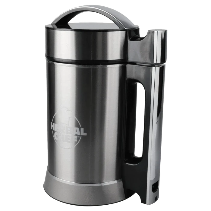 Front view of the Pulsar Herbal Chef Electric Butter Infuser, a sleek, silver appliance with a vertical design.