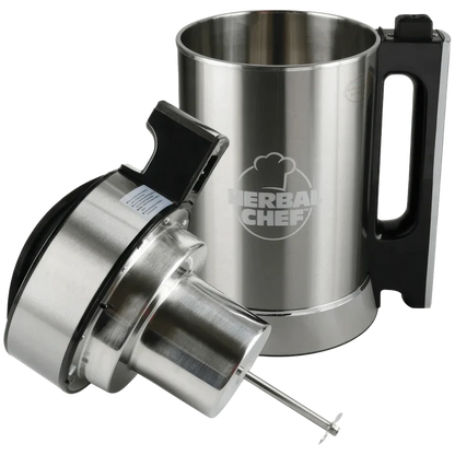 A silver, front view of the Pulsar Herbal Chef Electric Butter Infuser, featuring a sleek cylindrical shape and a handle on the side.