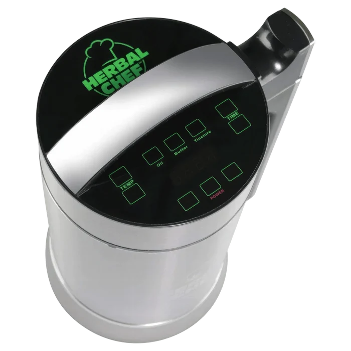 Front view of the Pulsar Herbal Chef Electric Butter Infuser, featuring a white housing with a digital display and control panel.
