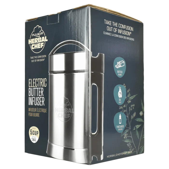 Front view of the Pulsar Herbal Chef Electric Butter Infuser with text in French on a black background.